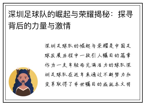 深圳足球队的崛起与荣耀揭秘：探寻背后的力量与激情